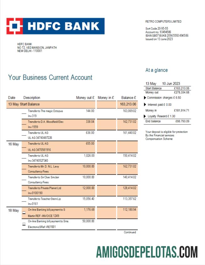 Imprimível HDFC Bank Firm modelo de extrato de conta Word e PDF